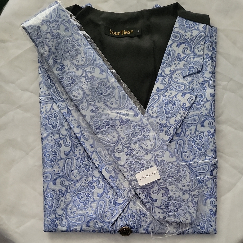 Men’s Light Blue Paisley Formal Vest & Tie
